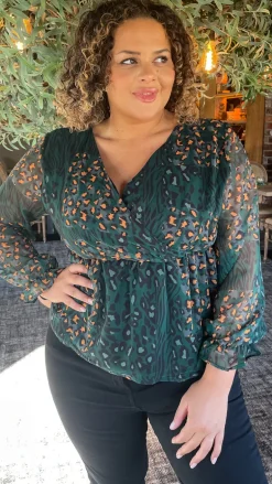 CurveWow Wrap Top Green Leopard