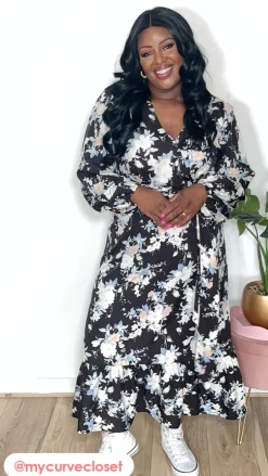 CurveWow Wrap Waist Tiered Hem Midi Dress Black Floral
