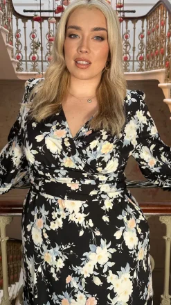 CurveWow Wrap Waist Tiered Hem Midi Dress Black Floral