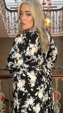 CurveWow Wrap Waist Tiered Hem Midi Dress Black Floral