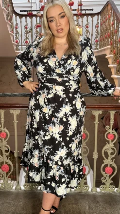 CurveWow Wrap Waist Tiered Hem Midi Dress Black Floral