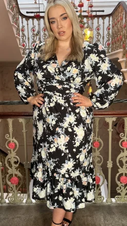 CurveWow Wrap Waist Tiered Hem Midi Dress Black Floral