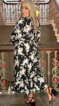 CurveWow Wrap Waist Tiered Hem Midi Dress Black Floral
