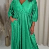 CurveWow Zigzag Plisse Balloon Sleeve Maxi Dress Green