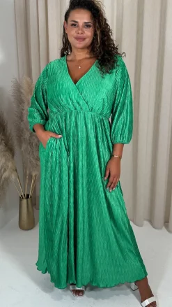 CurveWow Zigzag Plisse Balloon Sleeve Maxi Dress Green