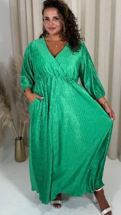 CurveWow Zigzag Plisse Balloon Sleeve Maxi Dress Green