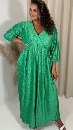 CurveWow Zigzag Plisse Balloon Sleeve Maxi Dress Green