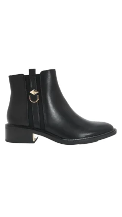 Wide Fit Gold Trim Heeled Ankle Boot Black PU