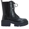 Wide Fit Lace Up Chunky Ankle Boot Black Croc PU