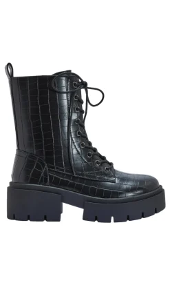 Wide Fit Lace Up Chunky Ankle Boot Black Croc PU