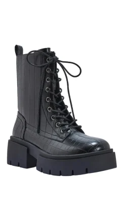 Wide Fit Lace Up Chunky Ankle Boot Black Croc PU